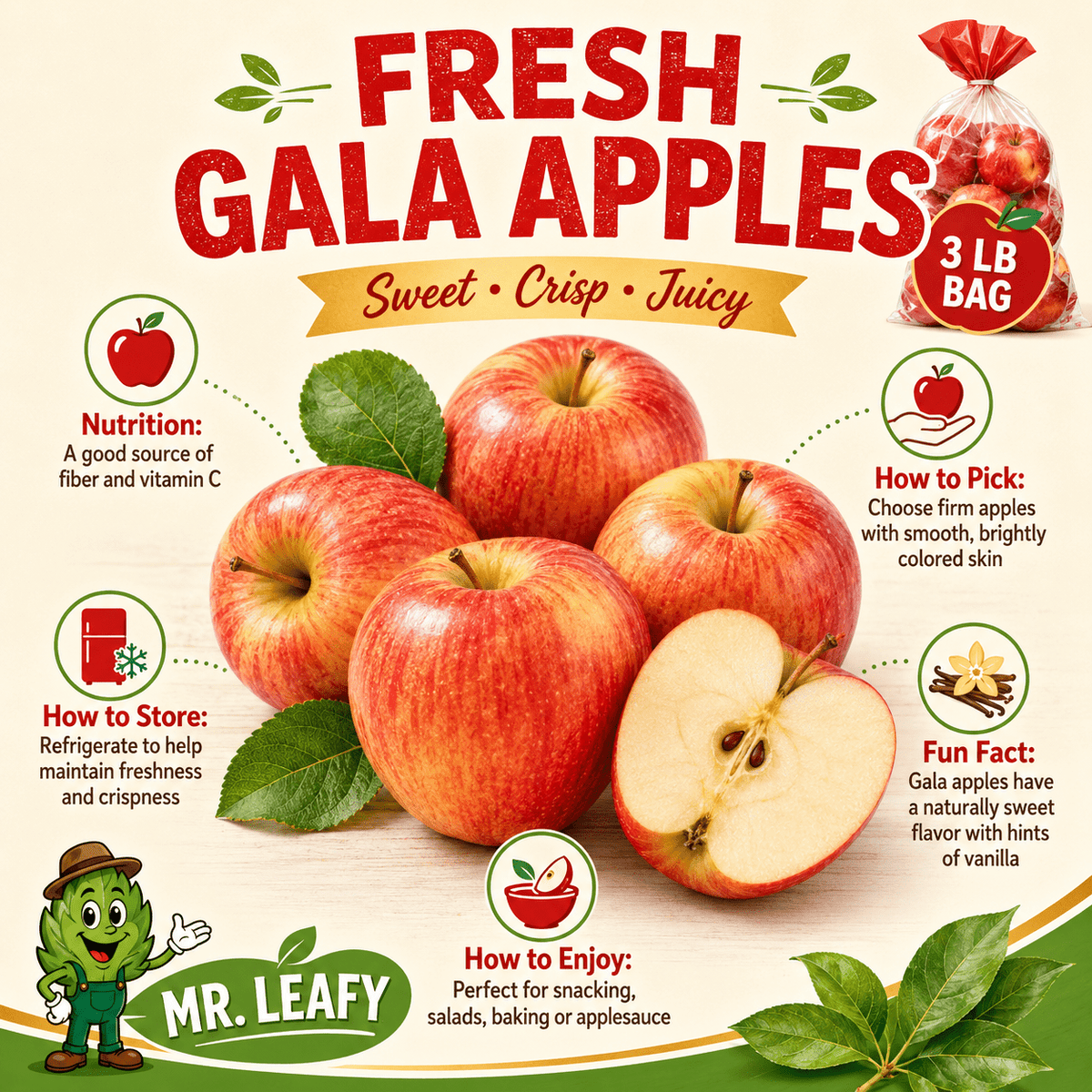 Fresh Gala Apples – Sweet, Crisp & Juicy, 3 lb Bag - Mr. Leafy