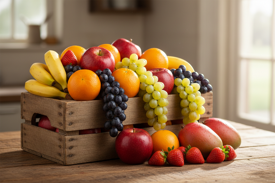 Assorted fruits including bananas, apples, oranges, and grapes in a wooden crate on a table.
